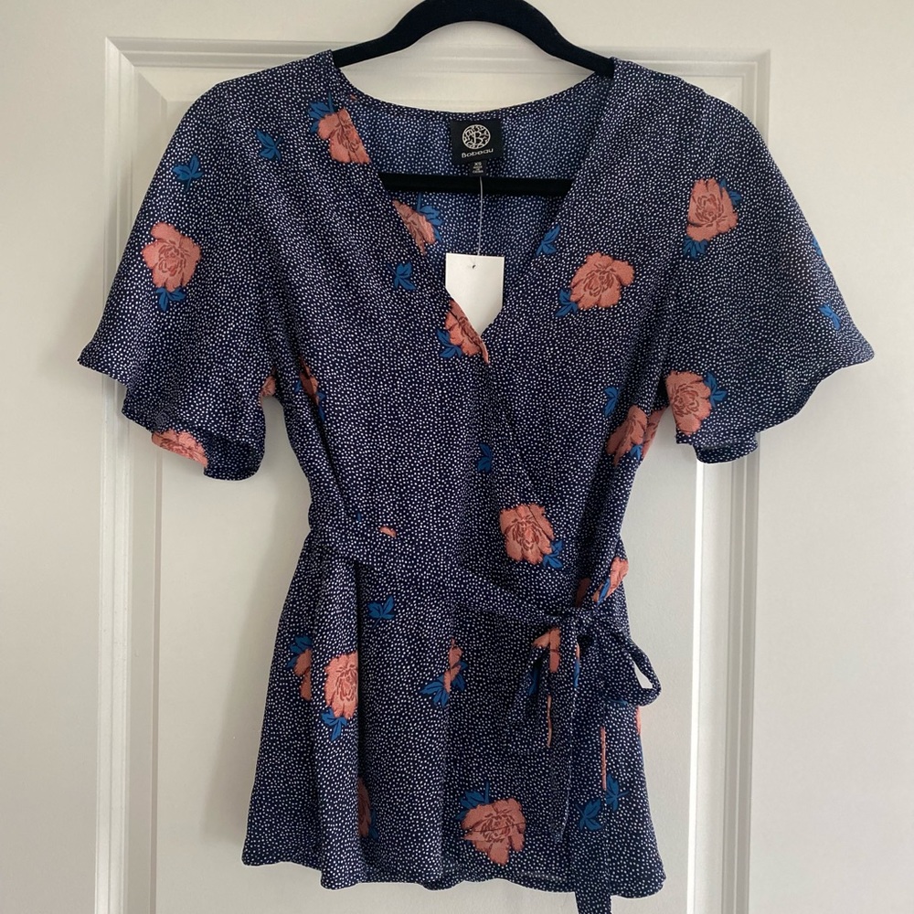Bobeau Faux Wrap Navy Floral Blouse